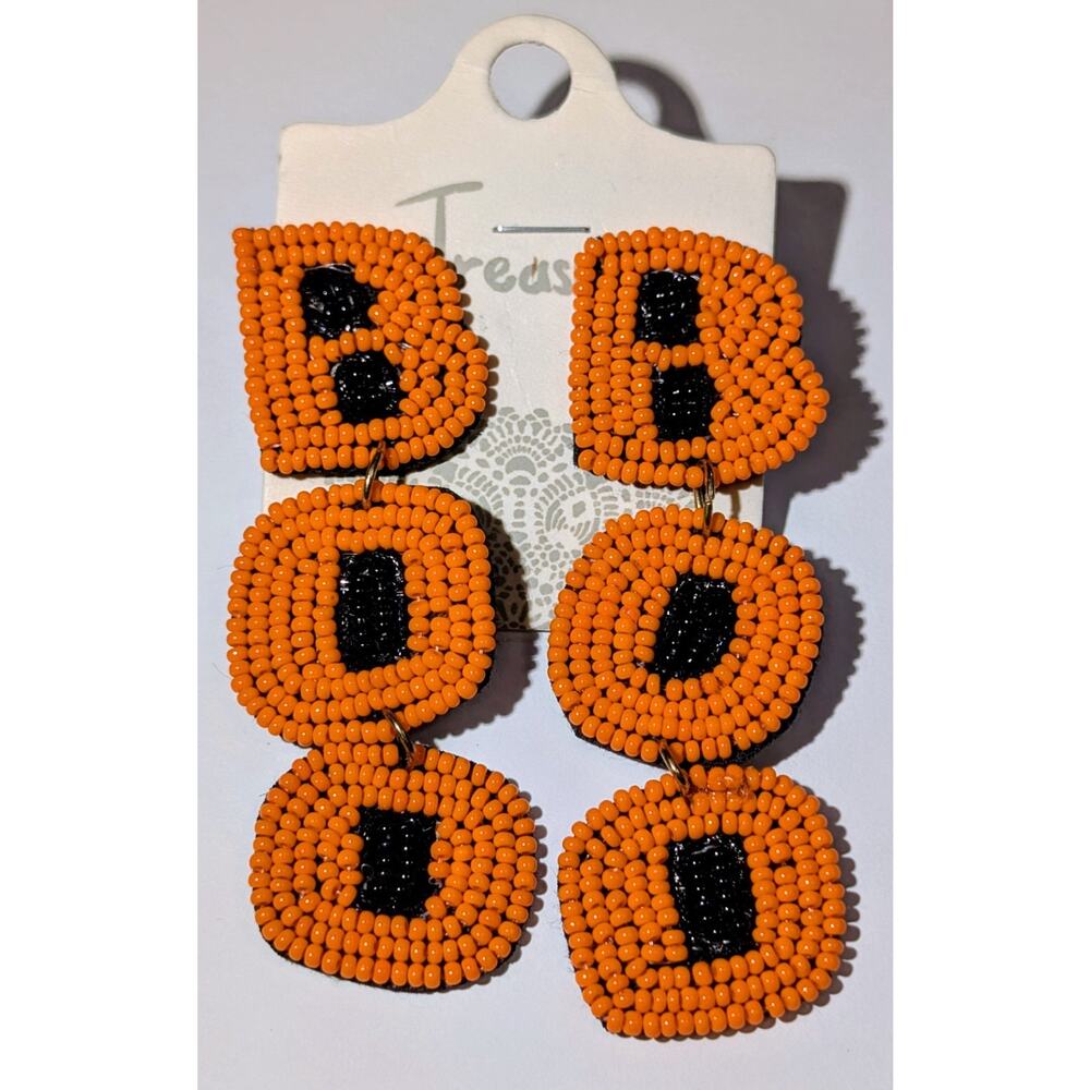 Halloween Beaded BOO Pierced Earrings 3" Orange Black Dangle Holiday Seed Bead